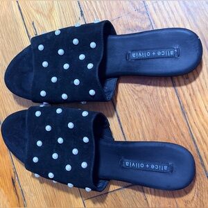Alice + Olivia Black Suede Pearl-Stud Slide Mules
